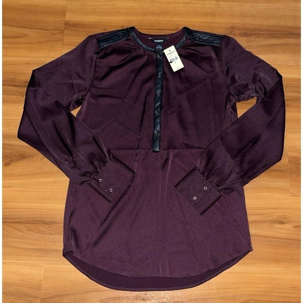 Womens NWT Express Satin‎ Faux Leather Lining Henley Top Shirt